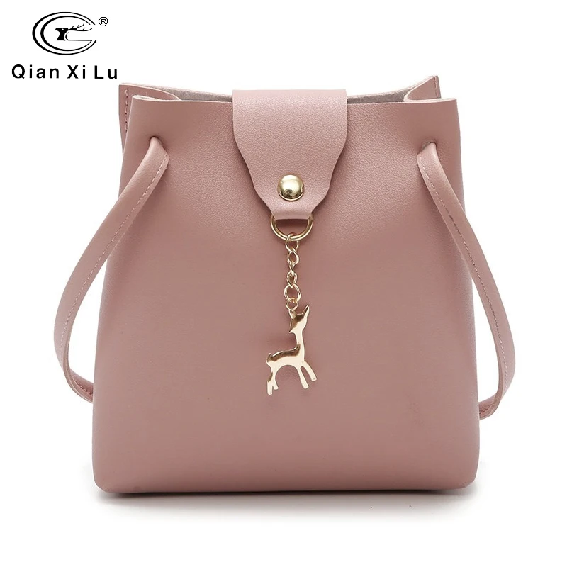 

Contracted Style Women Pure Color Bag Wild Messenger Bag Fashion One-Shoulder Small Square Deer Pendant Messenger Bag