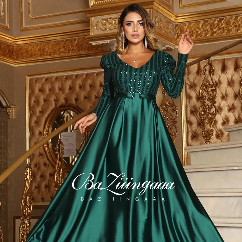 BAZIIINGAAA Luxury Evening Dresses V-Neck Long Sleeves A-shaped Floor-Length Chiffion 2022 New for Lace Classic Prom Dress Women