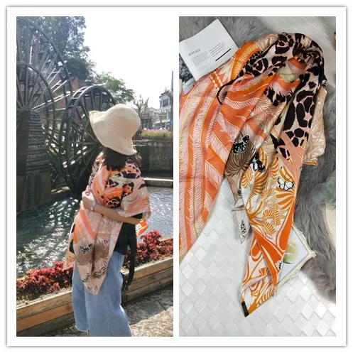Натуральный шелковый саржевый шарф, модные женские шарфы, шаль, роскошная накидка, узор Jaguar 140 см
