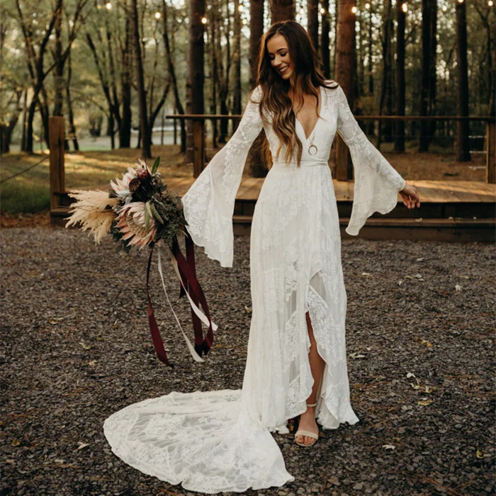 Нежное кружевное свадебное платье с глубоким v-образным вырезом, расклешенный рукав, длинный шлейф, сельские свадебные платья, Robe De Mariee