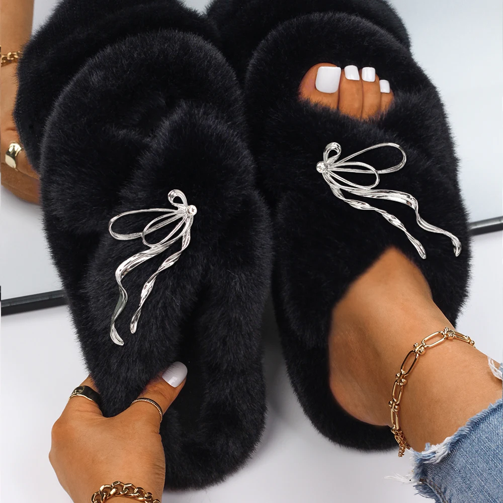 Flip Flop Slippers Bowknot Faux Fur Fuzzy Slides Plush Outdoor Sandals Fluffy Slippers High Quality Designer Shoes Free Shipping