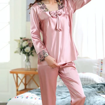 

Fashion Women's Pajama Sets Casual Sexy Bow Long Sleeve Patchwork Lace Top With Solid Pant Home Sleepwear Set