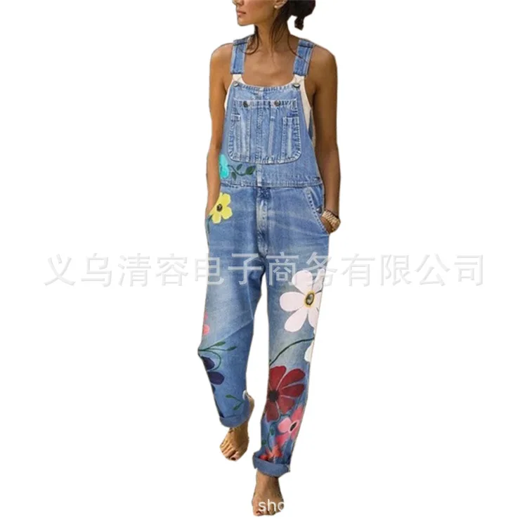 WEPBEL Women Overalls Casual Floral Denim Pants Autumn Washed Fashion Long Ladies Girl Pants Trousers