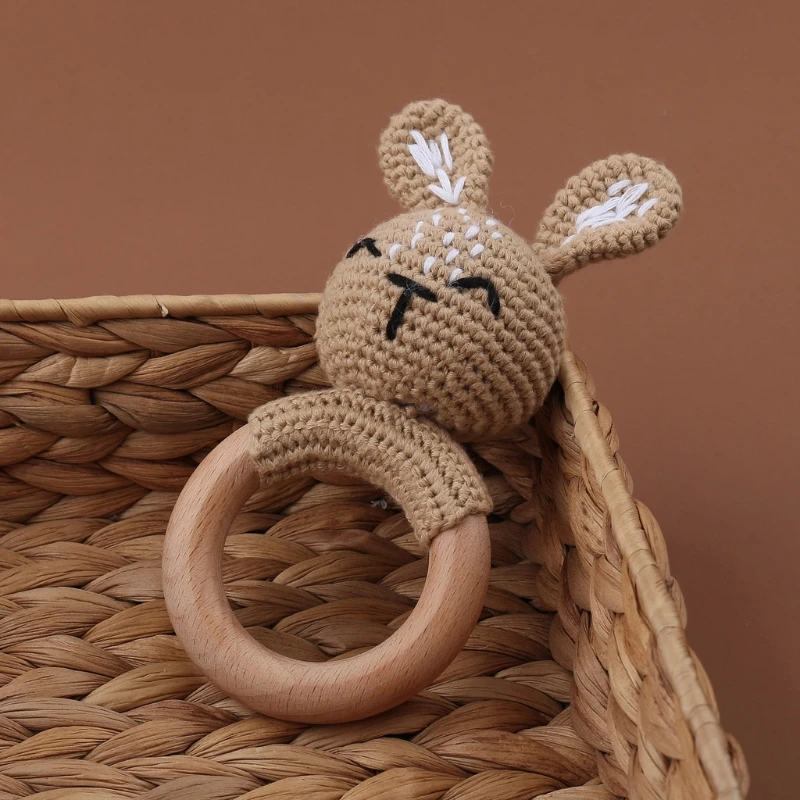 1pc Wooden Crochet Bunny Rattle Toy BPA Free Wood Ring Baby Teether Rodent Baby Gym Mobile Rattles Newborn Educational Toys