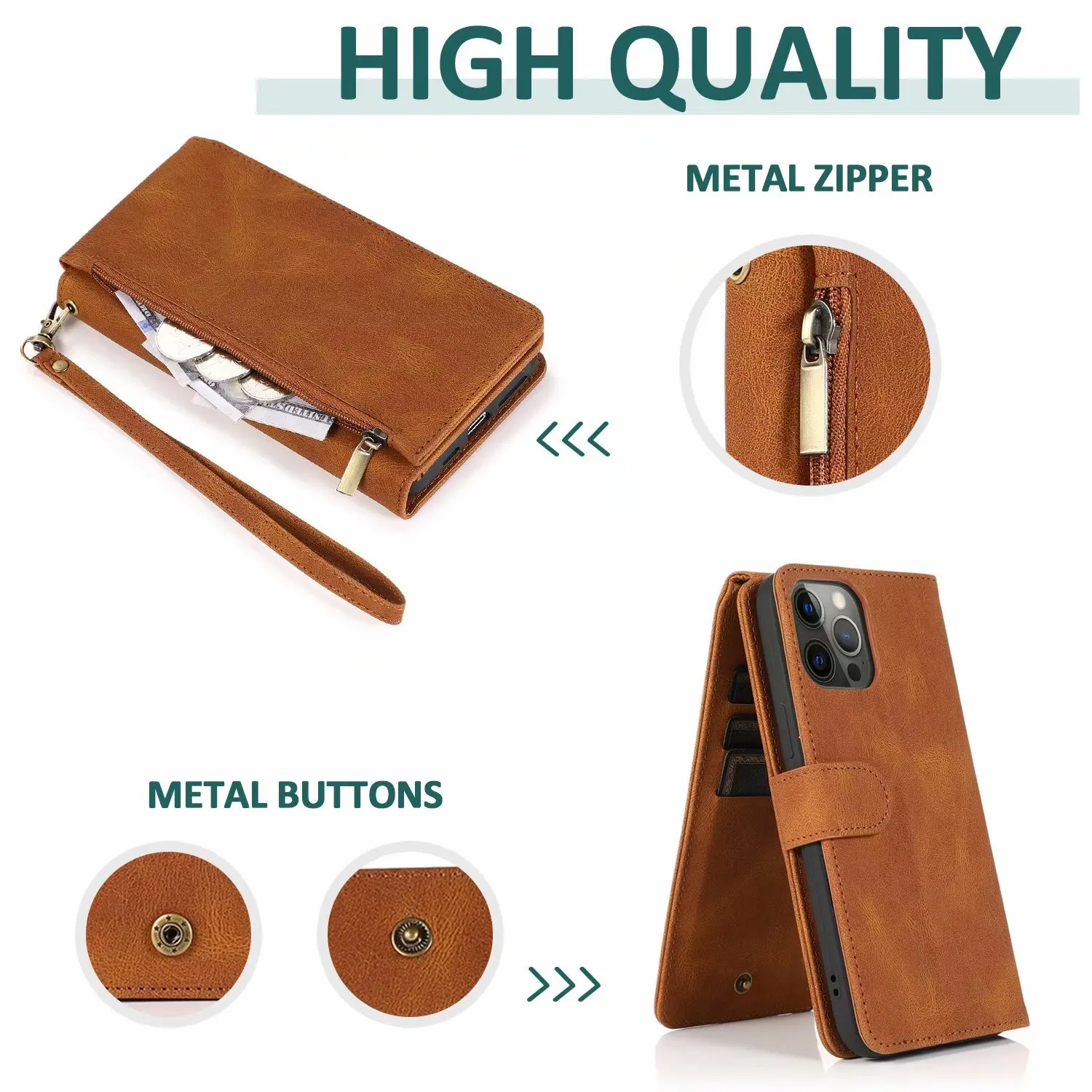 Ultra Thin Zipper Wallet with 8 Card Slots, Magnetic Flip Leather Case