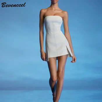 

Bevenccel Women Bandage Dress 2020 New Arrival Sexy Strapless Zippers White Mini Dress Elegant Celebrity Evening Party Dress