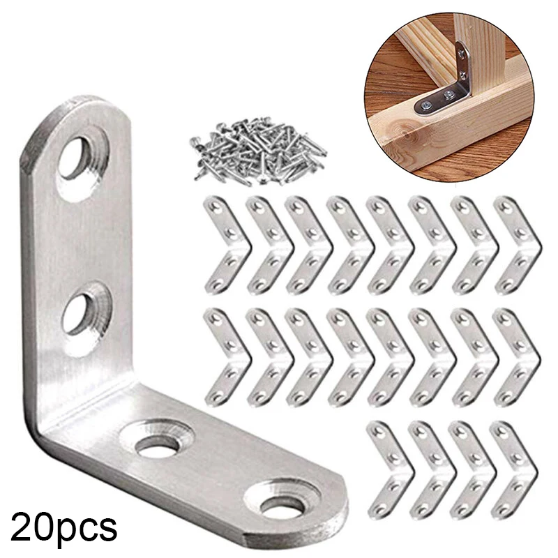 

20pcs Stainless Steel Corner Bracket Mounting Screws Cabinet Wardrobe Closet Woodworking Furniture Bracket