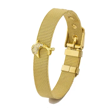

High Quality Gold Color Dolphin Animal Adjustable Stainless Steel Buckle Bracelet Rhinestone Watch Belt Bangle For Women Girls