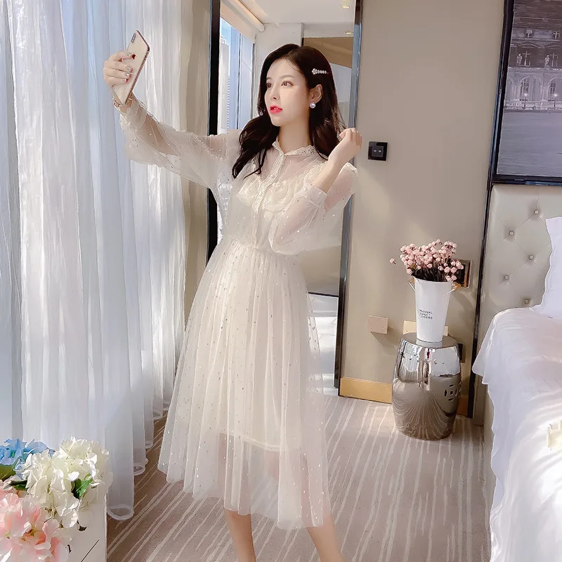 

2020 Spring New Style WOMEN'S Dress Early Spring Fairy Van High Waist Sequin Mesh Dress Long Sleeve Elegant over-the-Knee Fairy