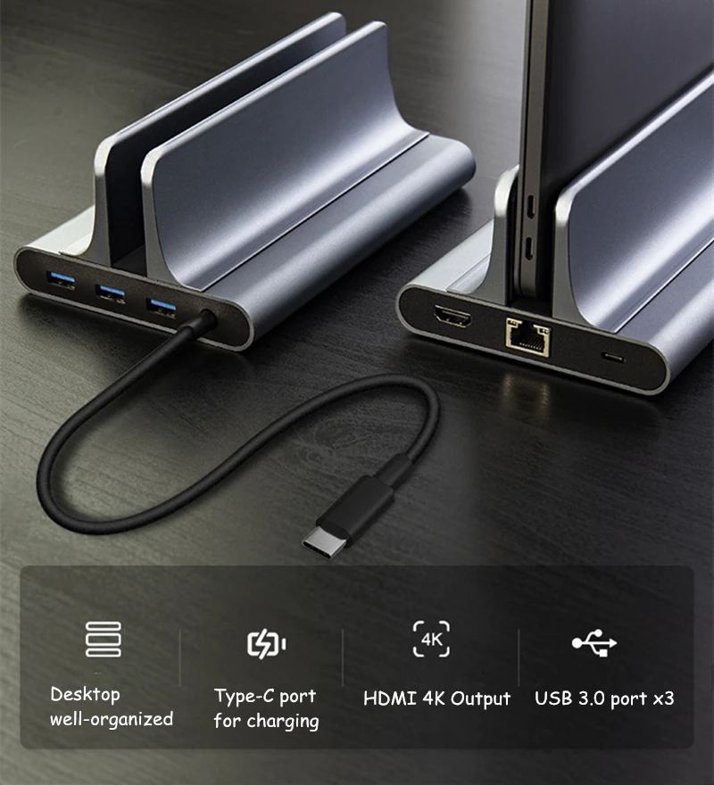 Multifunction Vertical Laptop Stand with 3Pcs USB3.0 Port + Laptop Docking Station Function Width Adjustable Aluminum Holder