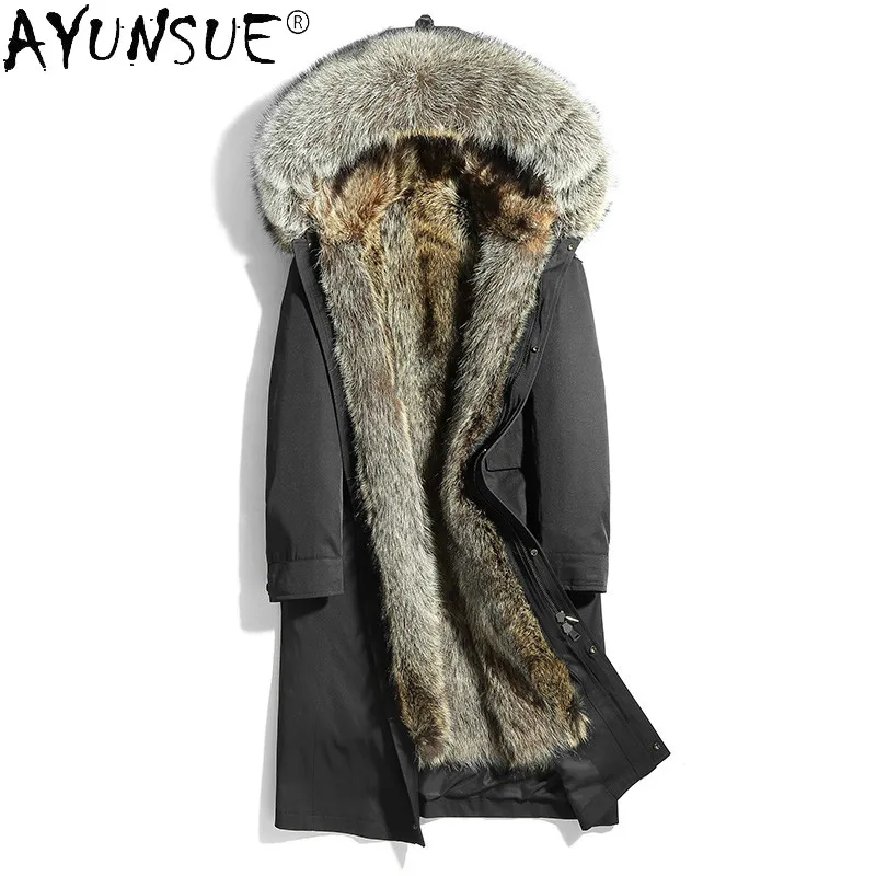 

AYUNSUE Parka Real Raccoon Fur Coat Male Winter Jacket Men 100% Rex Rabbit Fur Sleeves Long Clothes 2020 Chaqueta Hombre LXR966