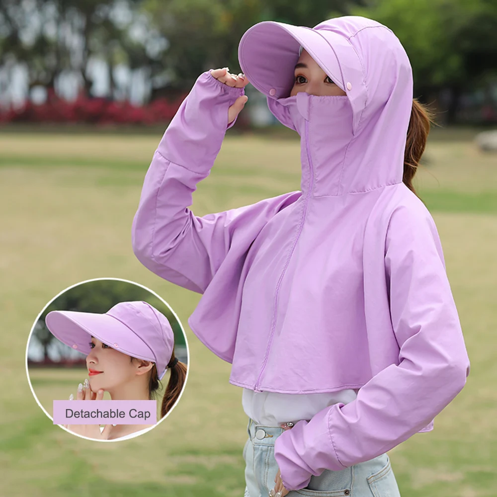 Light purple Outdoor Sun Protection Clothing Women Head Net Face Protector Long Sleeve Clothes with Wide Brim Sun Hat Detachable Cap - Color: Light purple
