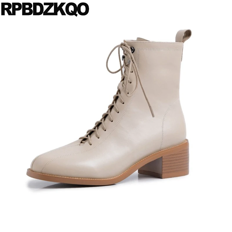 

chunky fur round toe size 4 military women ankle boots medium heel genuine leather autumn winter casual shoes lace up combat