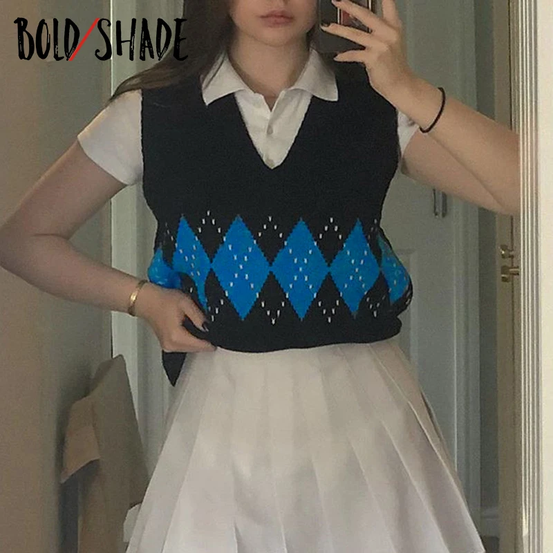 

Bold Shade Argyle Preppy Style Sweater Vest Knitting 90s Indie Aesthetic Outfits Women Pullovers Sleeveless V-neck Autumn Jumper