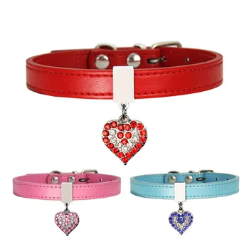 

Adjustable Pet Dog Cat Collar Bling Love Heart Crystal Pendant Necklace Safety Soft Leather Puppy Neck Strap Personality Product