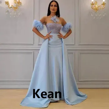 

Plus Size Evening Dresses Sky Blue Feather Detachable Train Islamic Dubai Kaftan Saudi Arabic Evening Gown Prom Dress