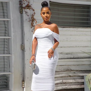 

Adogirl Women Solid White Ruched Party Dress Folded Up Off Shoulder Bodycon Midi Dresses Female Sexy Outfits