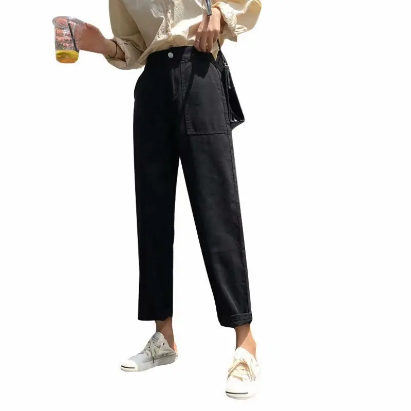 Женские джинсы, новинка, свободные, высокая талия, на пуговицах, одноцветные, трендовые женские джинсы с карманами, трендовые женские шаровары размера плюс