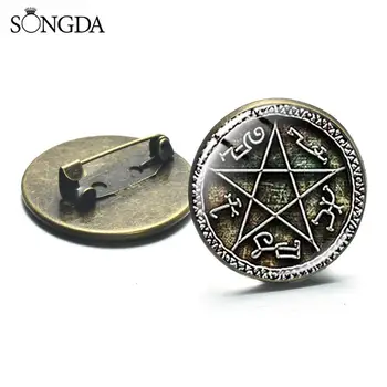 

Steampunk Supernatural Brooches Pentagram Devils Trap Rune Glass Photo Cabochon Lapel Pins Backpack Clothes Badge Gift