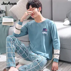 Men's Pajamas Autumn Cotton Long-sleeved Trousers Pijamas 2 Piece 2021 New Loose Plus Size Sleepwear Male Cartoon Nightwear Set