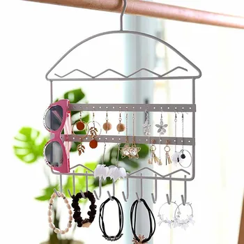 

Storage Wall Mount Jewelry Display Organizer Stand Metal Hooks Shelf Portable Rack Showcase Necklace Hanger Earring Holder YL