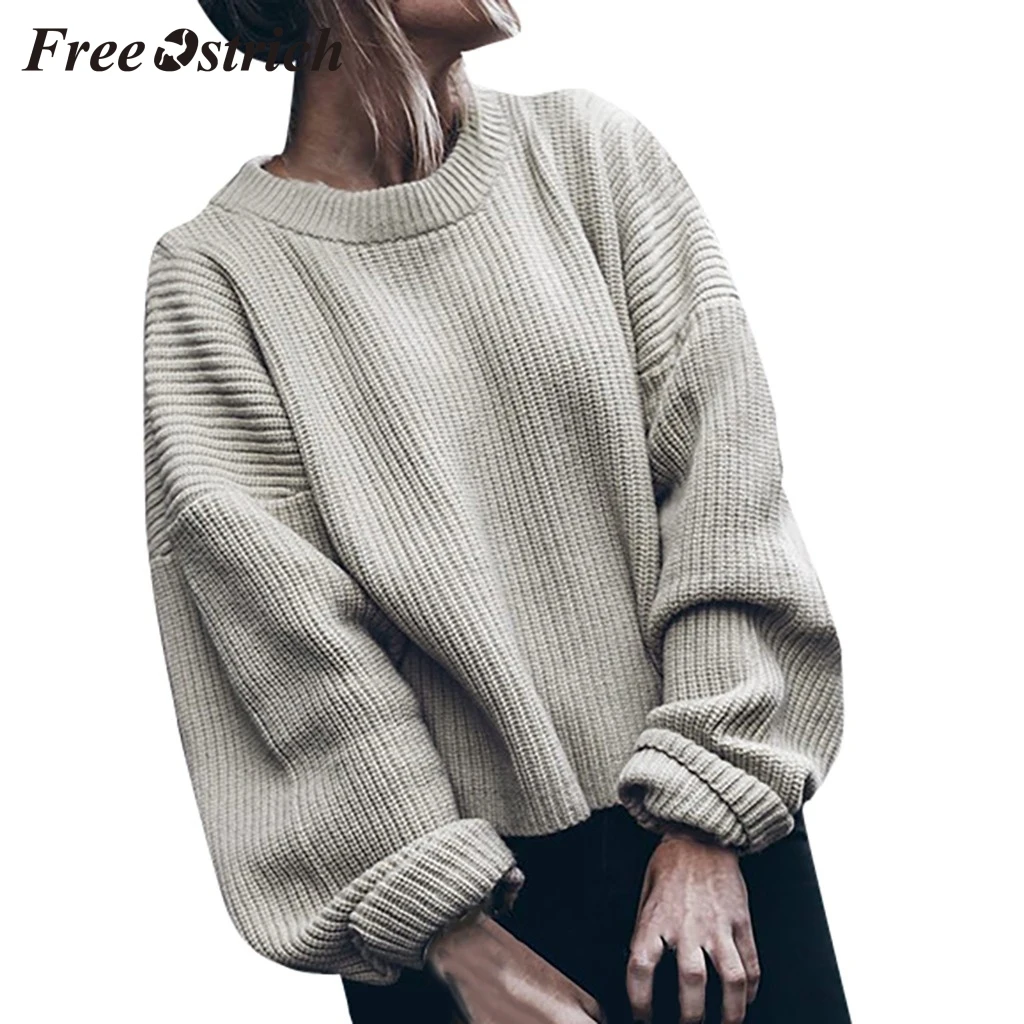 

FREE OSTRICH Women Long Sleeve Pullover Large Size Solid Color Round Neck Sweater Solid Color Lantern Sleeve Loose Knit Sweater