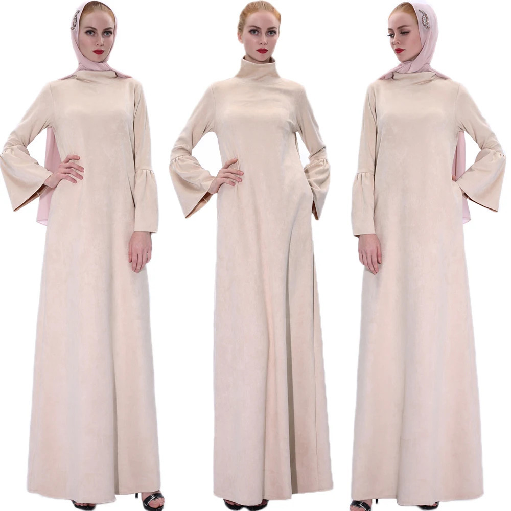 

Fashion Beige Seude Abaya Dubai Gowns Muslim Women Long Maxi Dress Kaftan Flared Sleeve Party Gown Islam Clothing Robe Ramadan