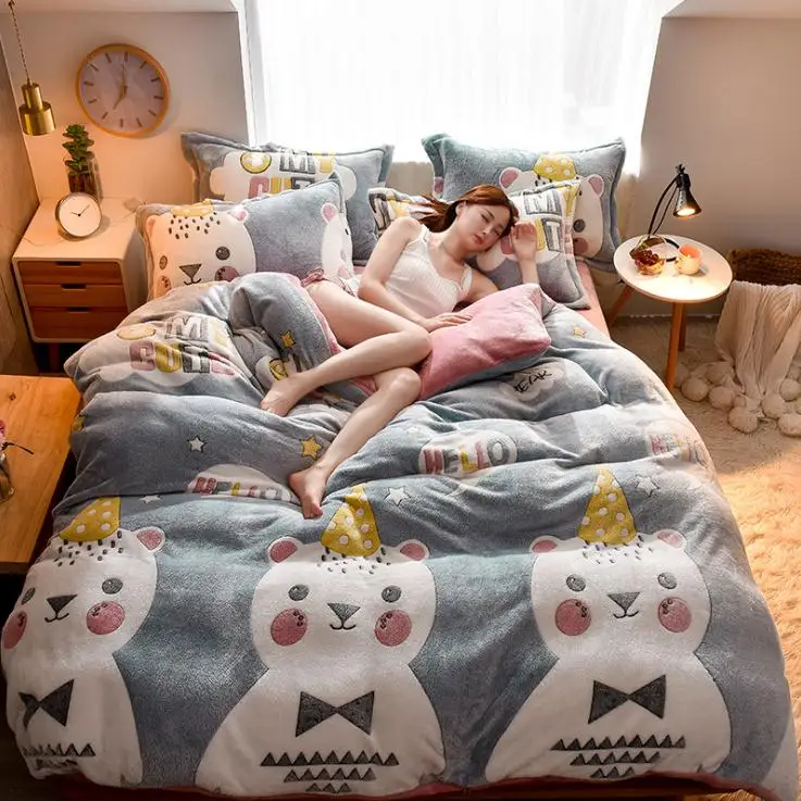 

Winter Flannel Fleece duvet cover single Comforter cover Home textile 1pc cartoon Solid warm quilt cover Velvet bedcover