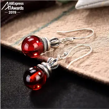 

S925 Fine Jewelry Ruby Drop Earrings Women Handmade Vintage Natural Carnelian Retro Ruby red jasper