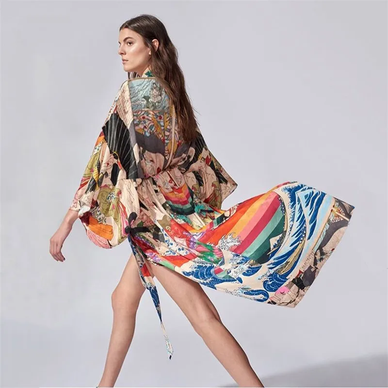 

Woman Beach Outlet Tunic Large Size Dress Pareo Swimwear May Female Polyester Japanese Printed Cover Up Print Kaftan Beach