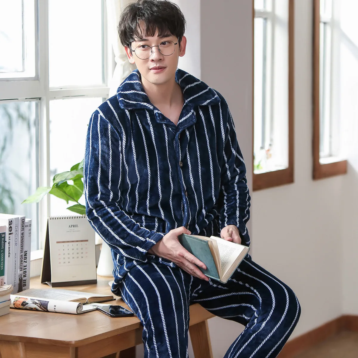 Men's Thicken Flannel Pajamas Sets Men Pajamas Coral Fleece Sleepwear Men Sexy Homewear Soft Warm Nightgown Men Winter Autumn red plaid pajama pants