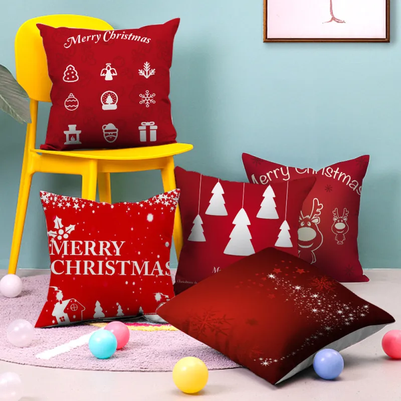 

Merry Christmas Pattern Cushion Cover Polyester Peachskin Printed Throw Pillow Cover for Home Sofa Decor Throw Pillowcases 45x45