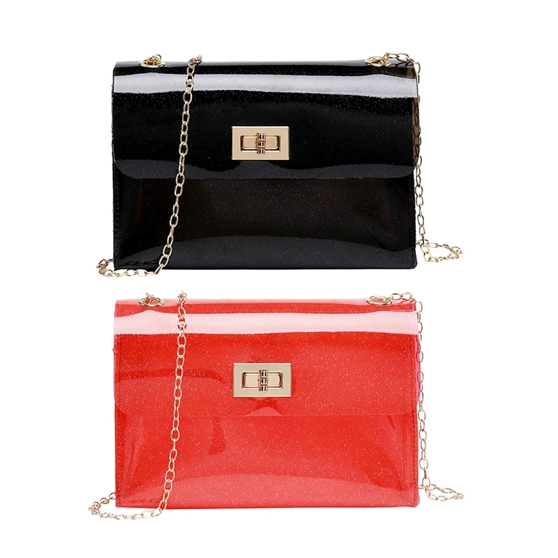 

2 Pcs Jelly Bag Shiny Candy Color Crossbody Handbag Girl Favorite Party Bag Messenger Shoulder Beach Bag - Red & Black