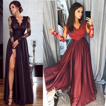 

2020 Black Red Wine Elegant Women Lace V-neck Evening Dresses Long Sleeves Prom Gowns Fashion Sexy Satin Maid of Honor Dress New