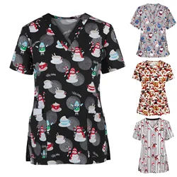 Women Short Sleeve V-Neck Nurse Uniform Hospital Workers Christmas Cute Print T-Shirt Scrub Tops Working Uniform Blouse