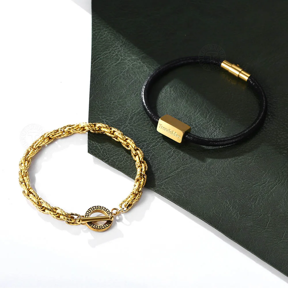 Trendsmax набор из 2 роскошных золотых браслетов из нержавеющей стали, браслет из натуральной кожи для мужчин и женщин, ювелирный браслет DLBF56