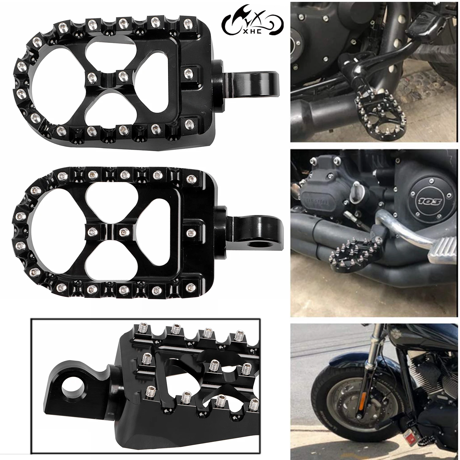 Black JFG RACING CNC Wide Fat Footpegs Foot Pegs MX Rotating Custom Chopper Bobber Style for Harley Davidson 