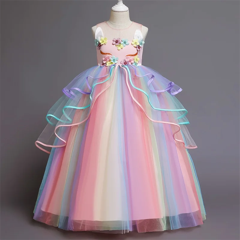 Rainbow Unicorn Cosplay Girl Dress Party Elegant Flower Lace Long Tutu Formal Ball Gown Princess Baby Dresses 5 7 8 12 14 Years