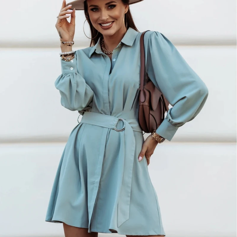 

Women Autumn Solid V Neck Long Sleeve Mini Dress Shirt Winter Turn-down Collar Button Up Belt Work Casual A-Line Shirt Dress