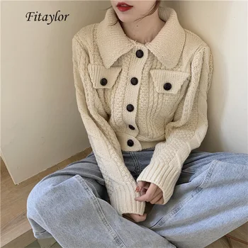 

Fitaylor Autumn Winter Women Knitted Sweater Cardigan Coat Turndown Collar Single Breasted Short Knitted Tops Female Red Sweater