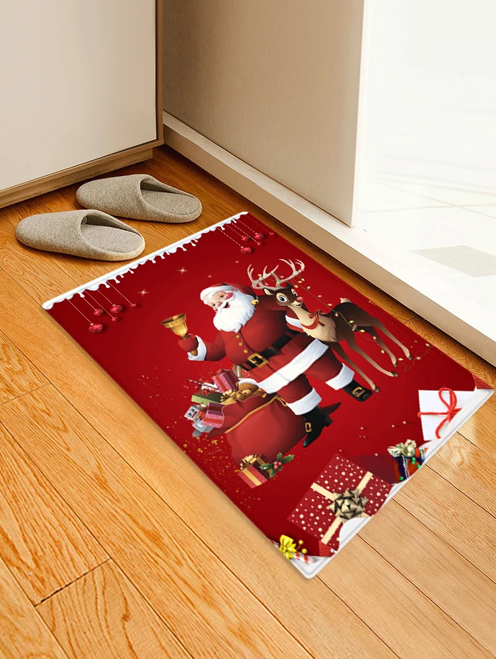 Christmas Santa Claus Deer Pattern Print Flannel Floor Mat