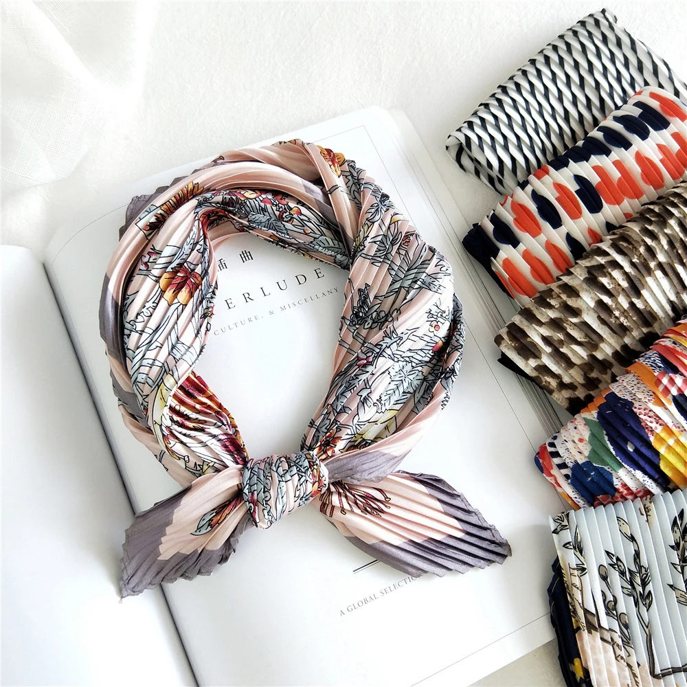 

53x53 см маленькие квадратные шелковые плиссированные шарфы для женщин модные женские атласные платки с принтом