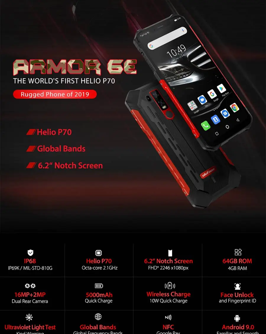 Ulefone Armor 6E Android 9,0 6,2 "IP68 Водонепроницаемый Helio P70 4G + 64G распознавание лица NFC Беспроводная зарядка прочный мобильный телефон