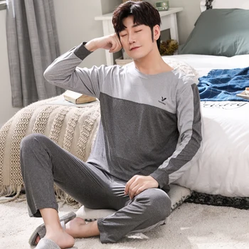 

XIZOU Autumn Winter Knitted Cotton Men's Pyjamas Casual Pajamas Set Male Sleepwear Pyjamas Nightsuits Pijama XXL Homewear