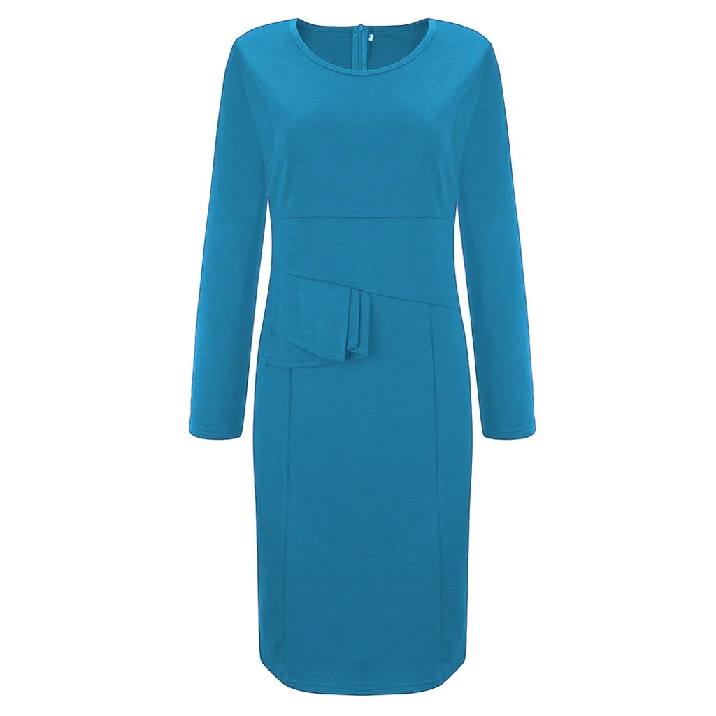 Винтажное облегающее торжественное платье, женское элегантное тонкое офисное однотонное синее платье миди с круглым воротником, осеннее платье для женщин Vestidos#3