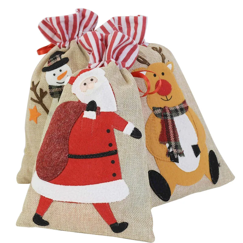 

1pc Christmas Vintage Natural Cloth Bag Santa Claus Snowman Candy Cookie Gift Wrapping Bags Christmas Party Decoration