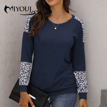 

MIYOUJ Patchwork Long Sleeves O-Neck Collar Tops 2020 New Casual Leopard Printed Women'S Clothing Streetwear Woman Shirts