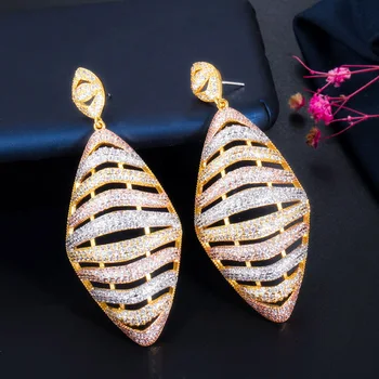 

LUALA Shiny Long Big Hollow Out Geometric Cubic Zircon 3 Tone Gold Women Engagement Party Earrings Luxury Jewelry CZ673