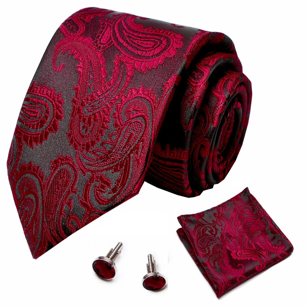 

Luxury Plaid Tie Men's 7.5cm 100% Silk Red Necktie Set Wedding Tie Hanky Cufflinks Set