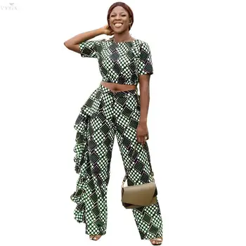 

Casual Two Piece Set Top And Pants Wave Dot Geometric Tee Top & Ruffles Side Pants Suit Set Women Two Piece Outfits Suit Women